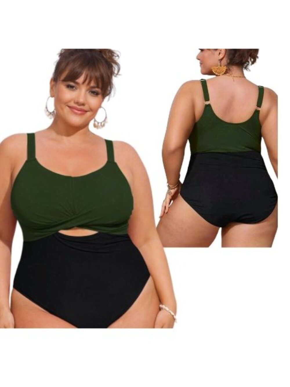 🆕3XL Army Green Black Criss Cross Cutout One Piece Swimsuit NWOT